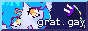 grat's button - dark blue with a blue-haired robot girl and the text grat dot gay